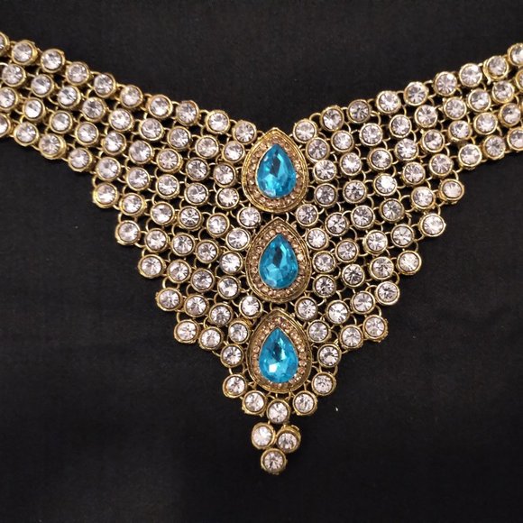 Gold blue turquoise Indian Jewelry necklace - Picture 3 of 4